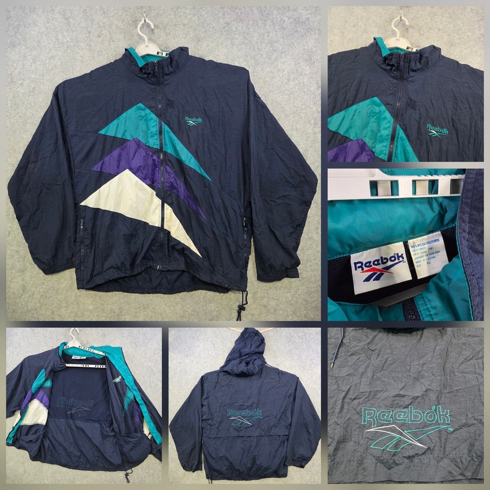 VTG 90s Reebok Windbreaker Jacket Mens XL Blue Colorblock Hooded Nylon Geometric